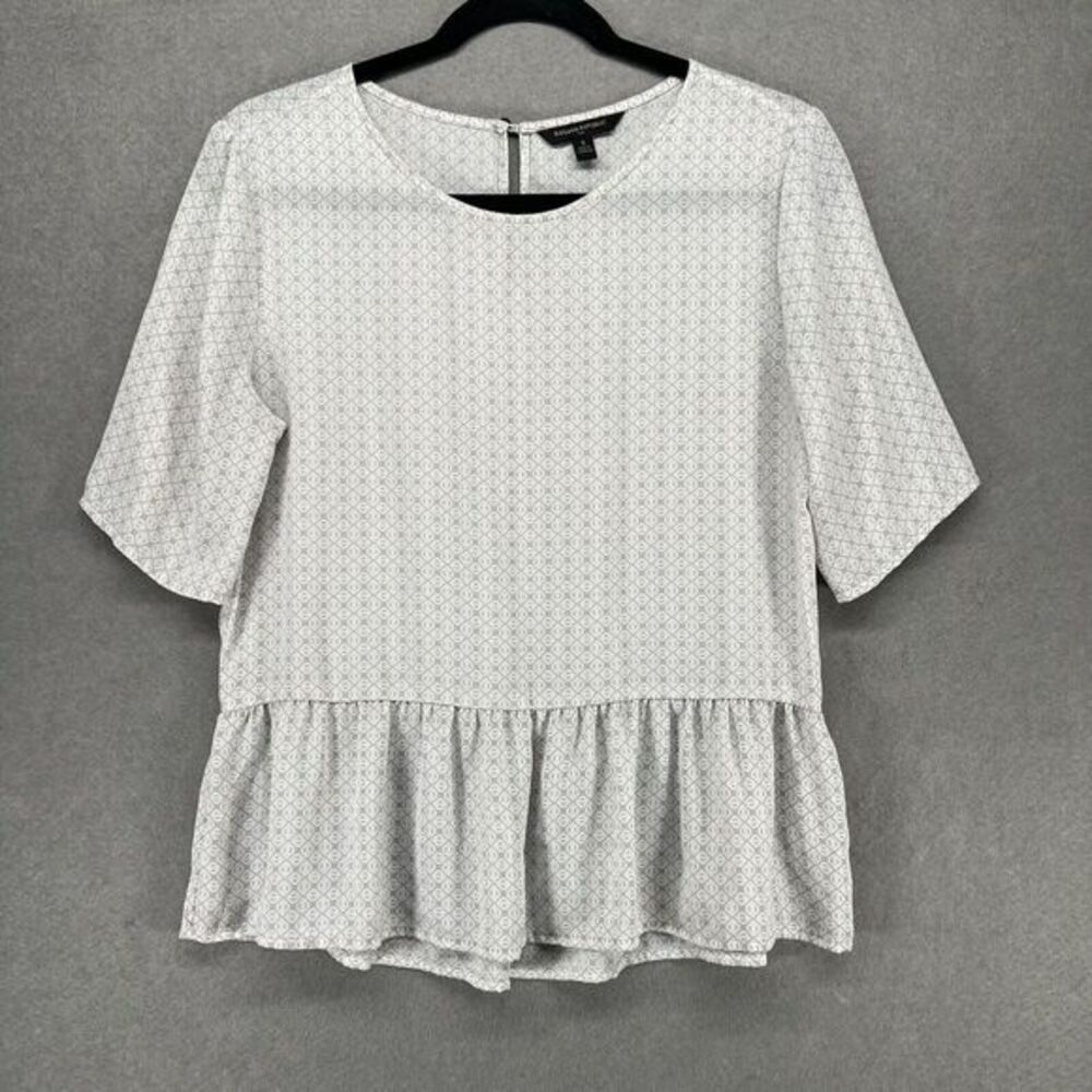 Banana Republic Top Womens Small Gray White‎ Chiffon Peplum Elbow Sleeve Office